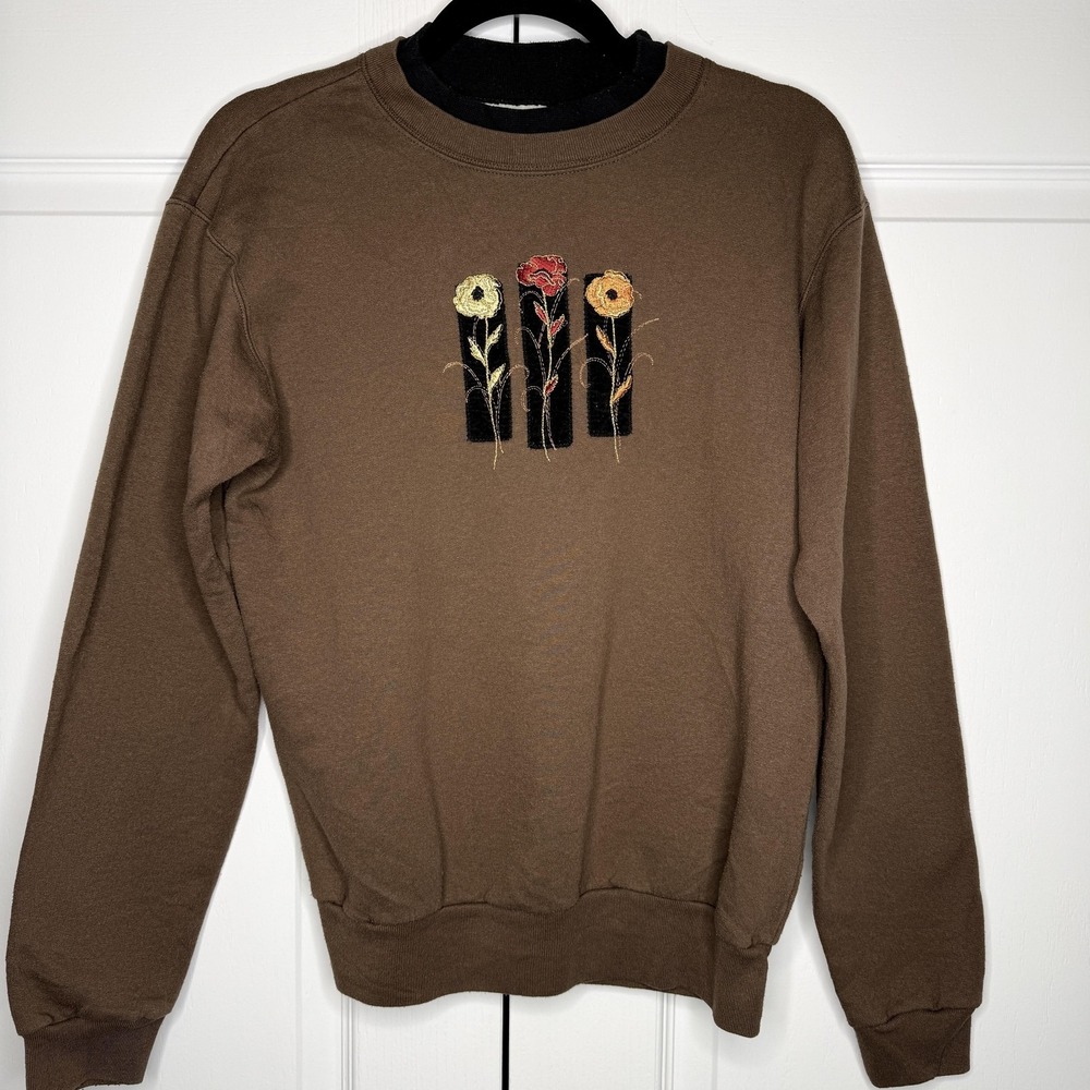 Day Breeze Sweatshirt Womens Large Brown Embroidered Floral Crewneck Pullover